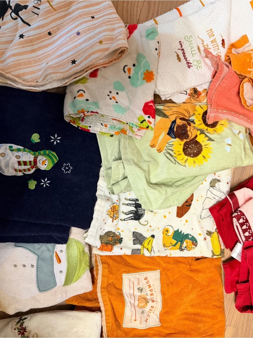 Assorted Colorful Kitchen Towels - Primarily Holiday Themed